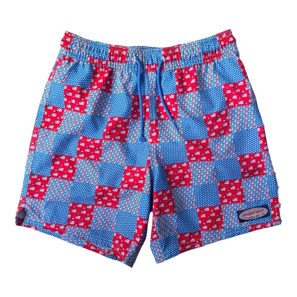 Vineyard Vines Boys S Patriotic Patchwork Swim Trunks Whale Flag Flawed 6"